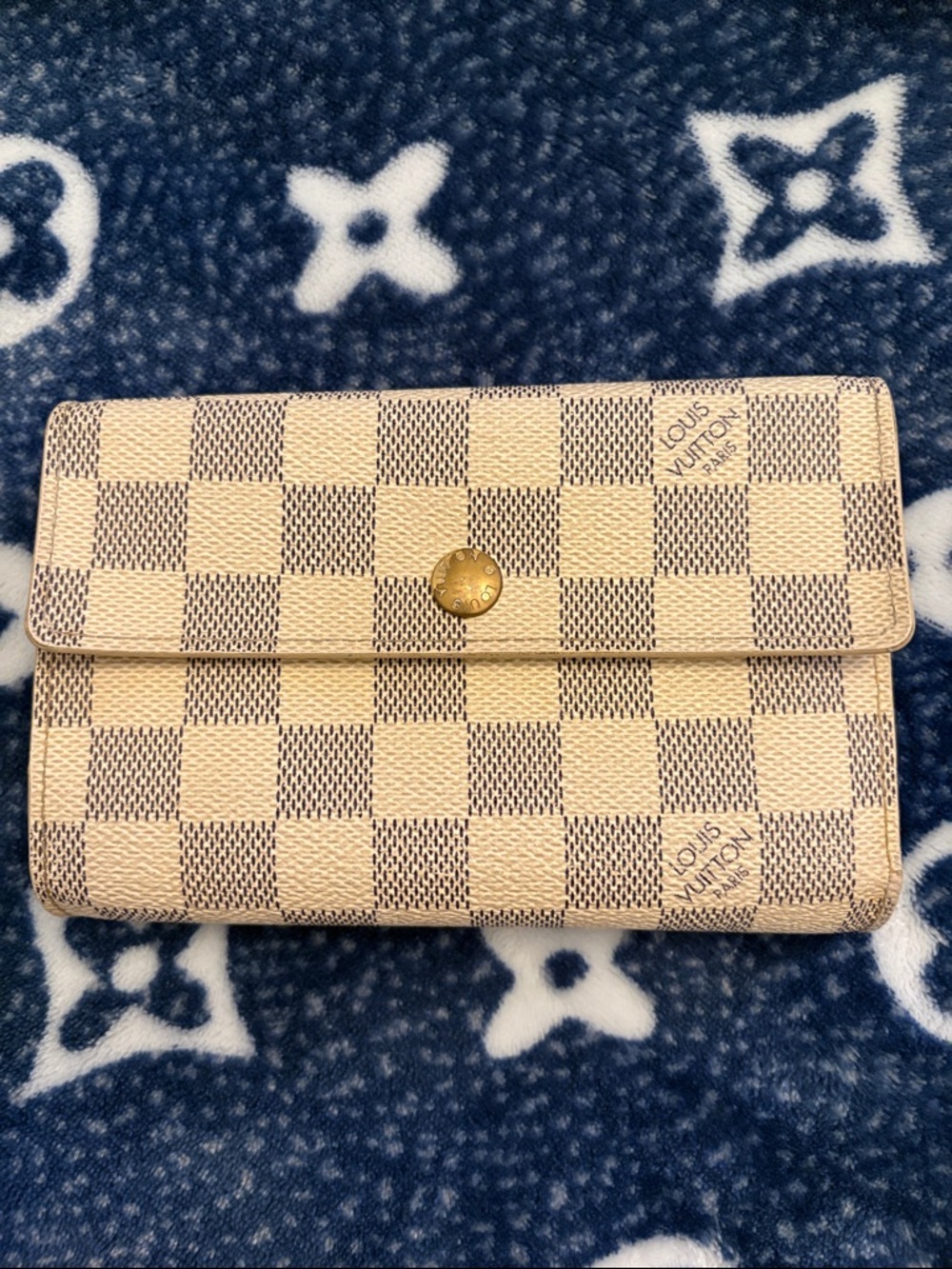 Louis Vuitton Damier Azur Checkered Wallet in Cream and Beige with Gold Snap